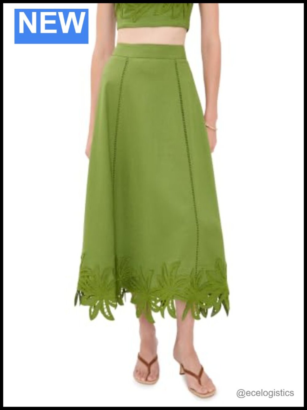 English Factory Linen Blend Palm Tree Skirt Midi Wear to Work